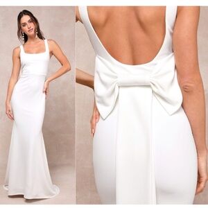 Lulus Loving Fate White Bow Square Neck Backless Maxi Long Dress, Size S, NWOT